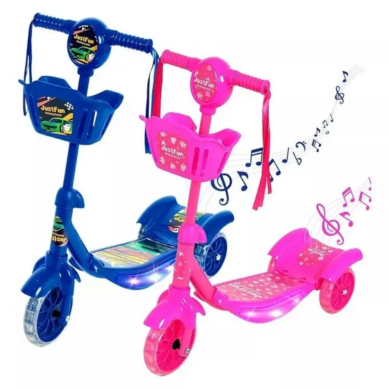 Patinete Infantil 3 Rodas Luz Musica Brilha Rodinhas LED Freio Som Cestinha Modelo Dobrável Azul
