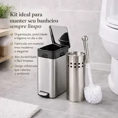 Kit Lixeira Inox Retangular 5L Balde Removível + Escova Inox Vaso Sanitário Banheiro Limpa Vaso Privada Pedal Multiuso