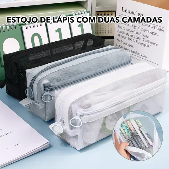 Estojo Dupla Camada em Malha Transparente com Alça - Grande Capacidade para Lápis, Maquiagem e Viagem | Necessaire