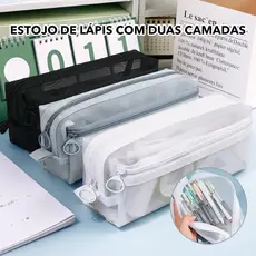 Estojo Dupla Camada em Malha Transparente com Alça - Grande Capacidade para Lápis, Maquiagem e Viagem | Necessaire
