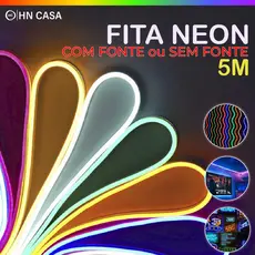Fita de LED Mangueira Neon 5 Metros IP65 Flexível Com ou Sem Fonte | 8 Cores