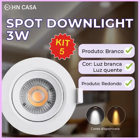 Kit 5 Luminária Spot Led Redondo Direcionável 3W Embutir Gesso Teto | Branco Frio | Branco Quente Bivolt SpotSuperLED