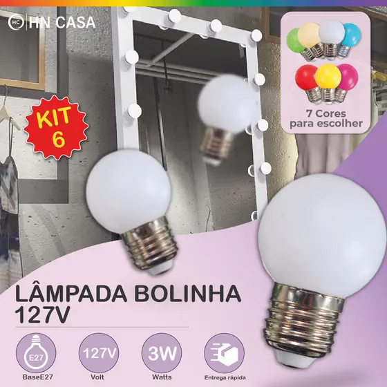 Kit 6 Lâmpada Bolinha Mini Bulbo Colorido LED 3W G45 E27 Com opção de 7 cores | 127V