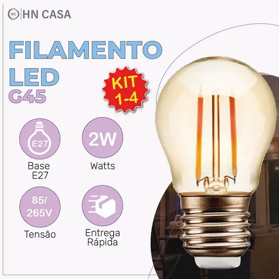 Lâmpada Filamento LED G45 2W E27 LUZ QUENTE 2,300K Âmbar Retrô Vintage 110V~220V Bivolt