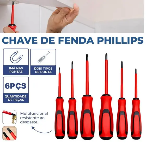 Jogo de Chaves de Fenda Philips Isoladas 6 Peças com Imã Cabo Emborrachado e Ponta Magnética