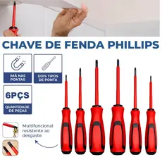 Jogo de Chaves de Fenda Philips Isoladas 6 Peças com Imã Cabo Emborrachado e Ponta Magnética