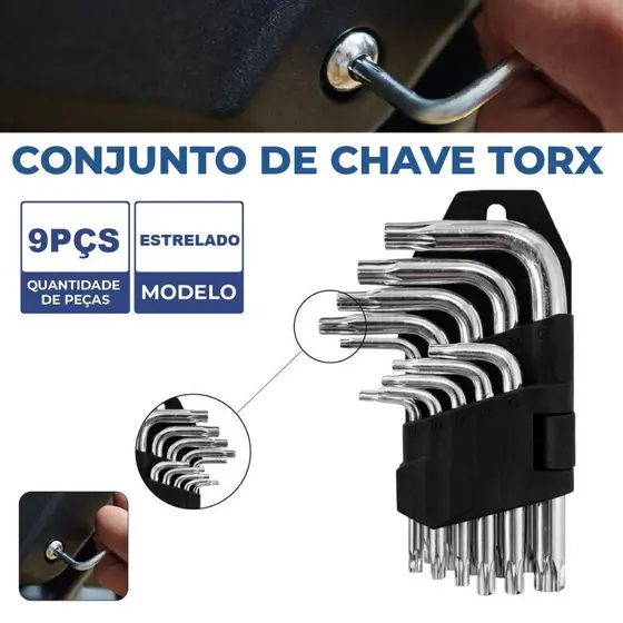 Jogo de Chave Allen Torx Pequena Aço Profissional 9 Peças para Parafuso Hexagonal