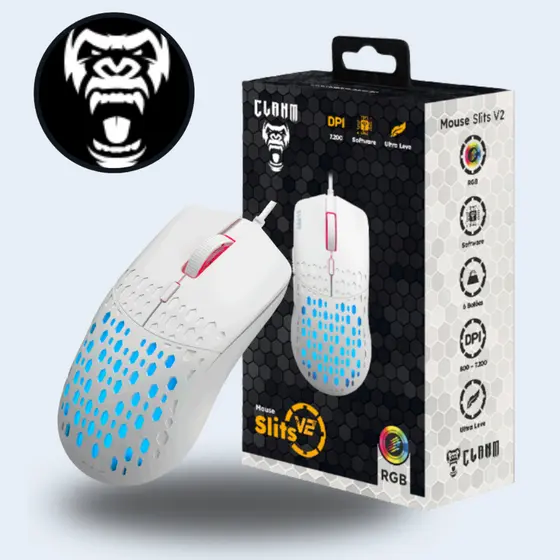 Mouse Gamer Branco Slits Clanm 7 Botões V2 7.000 DPI Led Rgb Cabo USB