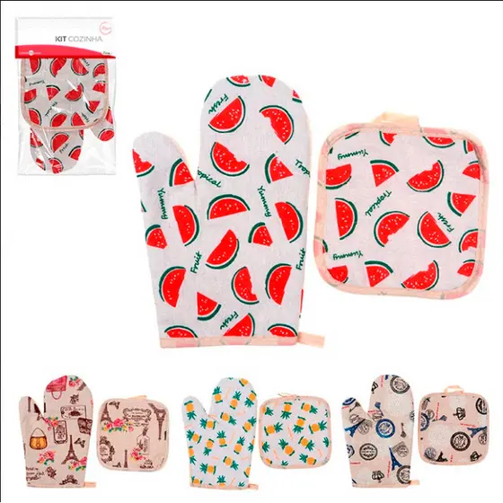 Kit Luva Térmica Cozinha Com Descanso de Panela Anti Calor e Resistente Estampas Sortidas