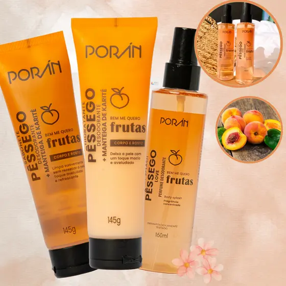 Kit Cuidados Banho e Pós Banho Pêssego Sabonete Hidratante Body Splash - Porán 3 unid