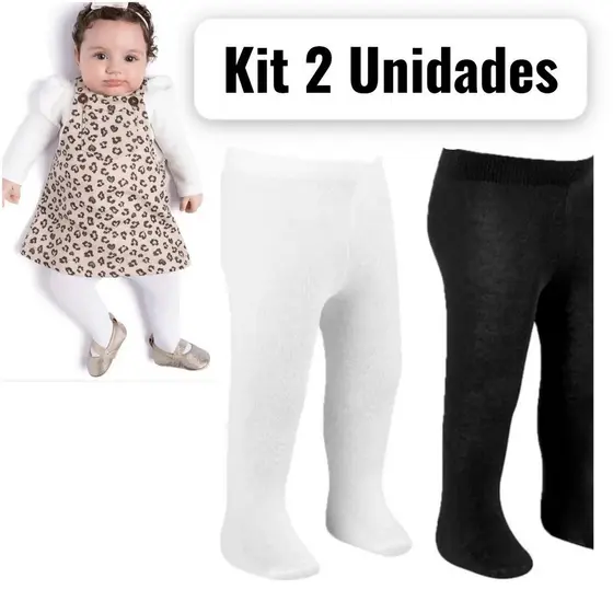 Kit 2 Pares De Meia Calça Infantil Bebê Para Inverno Quentinho Confortavel Preto e Branco