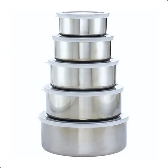 Jogo 5 Potes Tigelas de Inox Alumínio Redondo Com Tampa