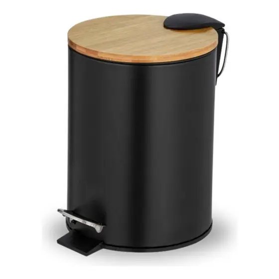 Lixeira 5l Cozinha Pedal Cesto Lixo Tampa Bambu Amortecedor