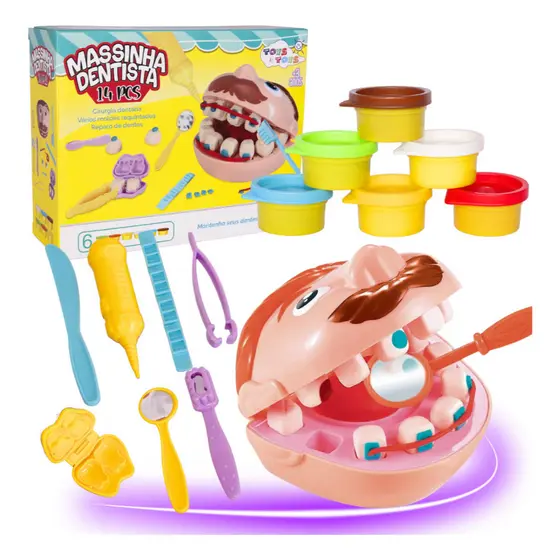 Kit Massinha Dentista Infantil 14 Peças Massa de Modelar Dentes Brinquedo Educativo com Acessórios