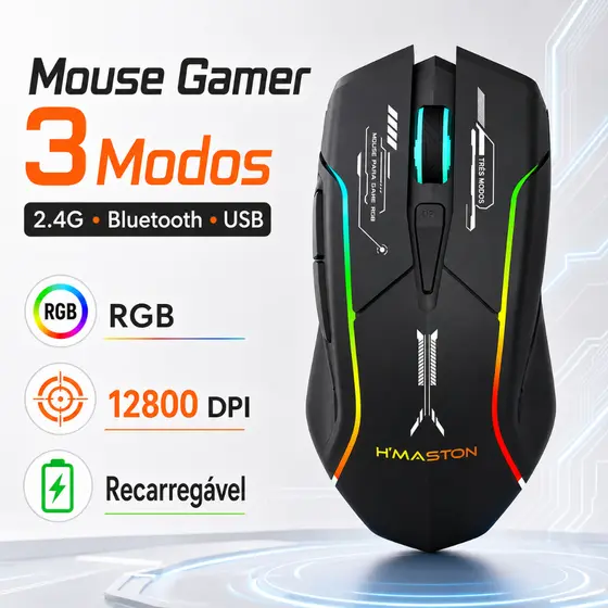 Mouse Gamer Sem Fio Recarregável RGB 3 Modos 12800 DPI Bluetooth USB 2.4G MS17