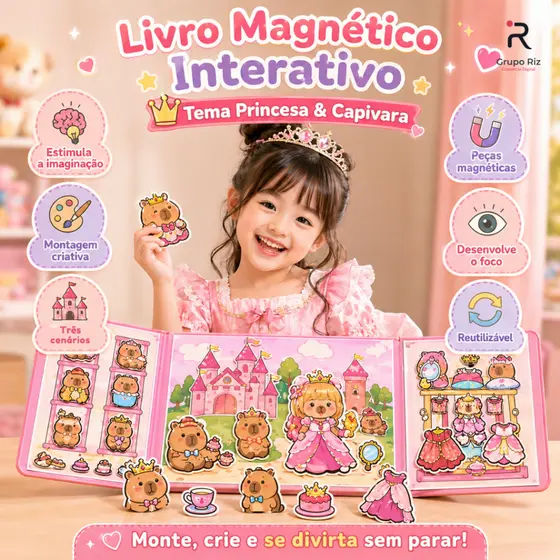 Livro Interativo Cenário 2 faces Magnéticos Educativo Quebra Cabeça Imã Princesas e Capivara