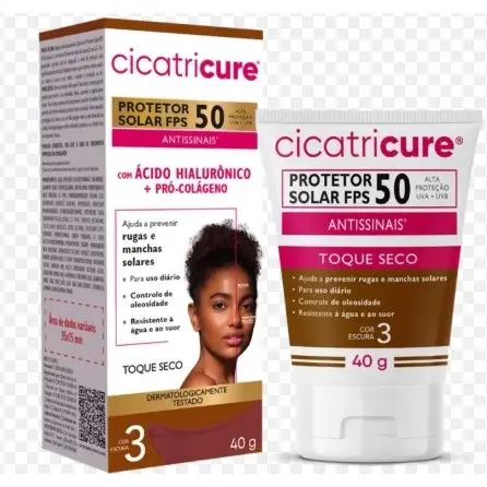 Protetor Solar Cicatricure FPS50 com Cor Escura 40g - Ácido Hialurônico e Pró Colágeno
