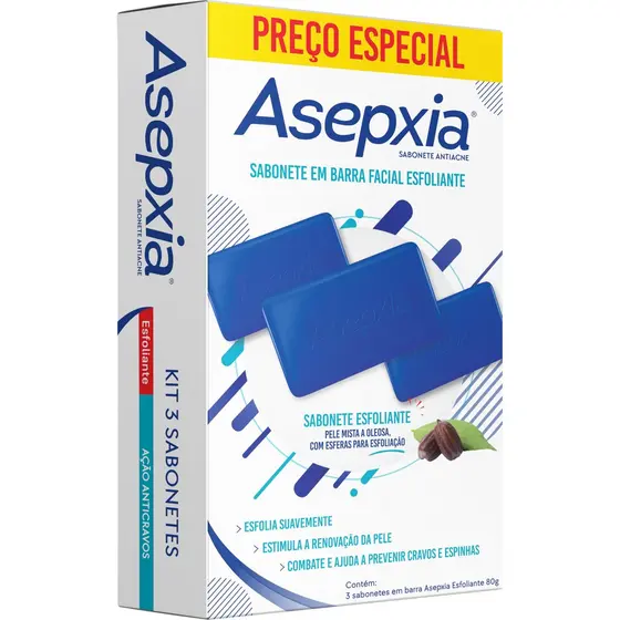 Sabonete Facial Asepxia Esfoliante kit c/3