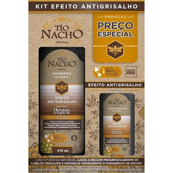 Shampoo 415ml + Condicionador 200ml Tio Nacho Antigrisalho 415ml - Geleia Real e Henna Egípcia Vegetal​