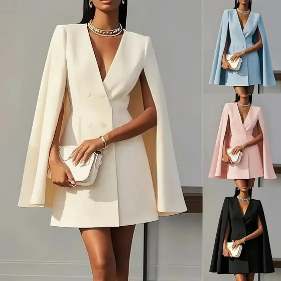 Feminino Duplo Breasted Capa Blazer Vestido Profundo Decote Em V Divisão Manga Sólida Mini Terno Elegante Formal Cocktai