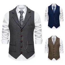 Colete Masculino De Tweed , Casual De Lã Espinha De Peixe Ocidental Para Padrinho