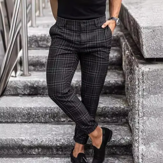 Calças Masculinas Primavera Verão Outono Moda Casual Algodão Xadrez Fino Ajuste Magro Estiramento Longo Negócios Chinos