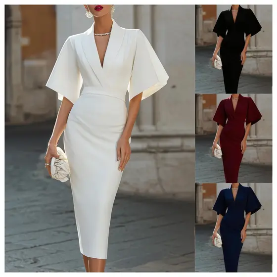 Feminino Com Decote Em V Manga Esvoaçante Bodycon Midi Vestido Elegante Cabido Envoltório Lápis Cocktail De Festa Formal