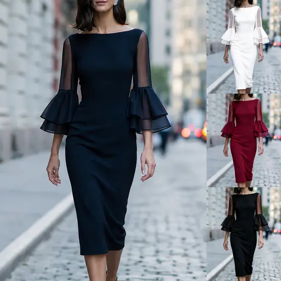 Feminino Fora Do Ombro Transparente Dupla Camada Plissado Manga Bodycon Vestido Elegante Malha Sino Manguito Lápis Cockt