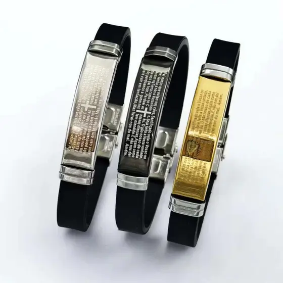 Pulseira Feminina Masculina Casal Ajustavel Pai nosso Aço Borracha resistente Prata Dourado Ajústavel