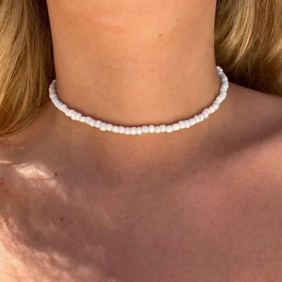 Gargantilha Miçangas Branco, Colar, Moda Verão, Praia, Chocker, missangas, ajustável 35cm+ extensor