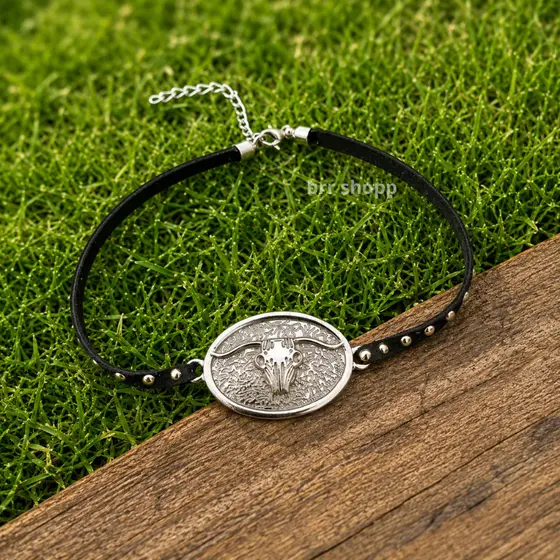 Choker gargantilha longhorn bolinhas douradas boho cabeça de boi estilo country sertanejo rodeio