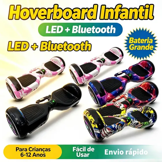 Hoverboard Overboard Skate Elétrico 6,5' Polegadas com Luz LED e Bluetooth -P10