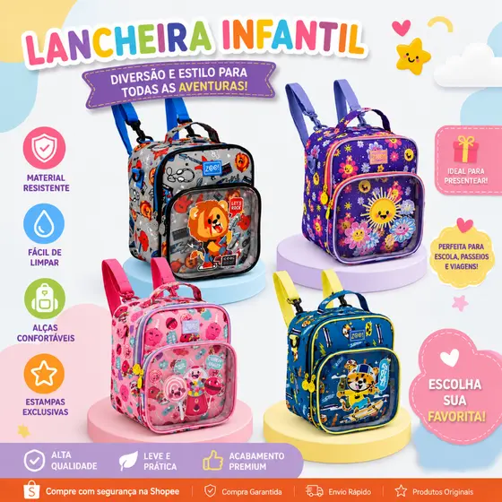 Lancheira Ou Mochila Creche Infantil Escolar Transversal e Costa Térmica Tema Menina e Menino