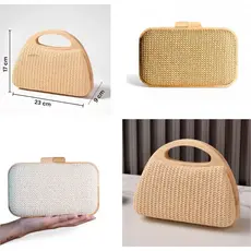Bolsa Clutch Casamento Fecho Em Madeira Alça Corrente Chique Formatura De Mão Ráfia