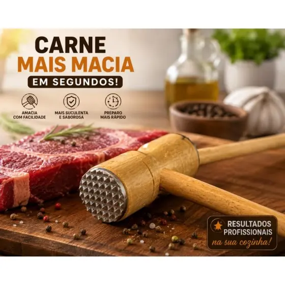KIT 2 Martelos Culinário Para Carnes Em Madeira 26Cm Dupla Face Em Aço Inox Amaciador De Bifes e Tabua de Cortar Carne
