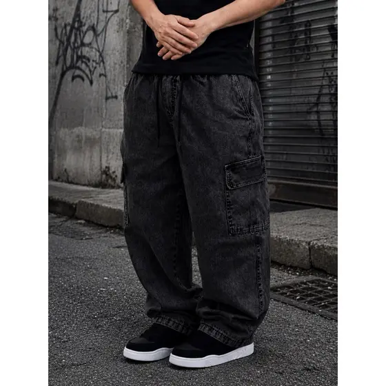 Cal莽a Jeans Cargo Masculina/Feminina Streetwear Preta Mescla Cinza Grafite