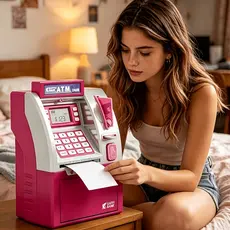 Cofrinho Eletrônico Estilo ATM - Preto, Azul, Amarelo, Rosa em ABS, Cofre Digital com Cartão de Débito Simulado, Reconhe