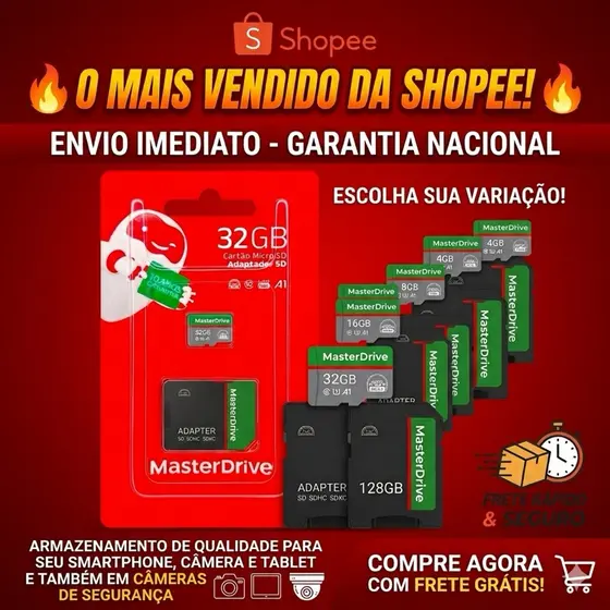 Cartão de Memória 128GB/64/32/16/8 MicroSD MasterDrive