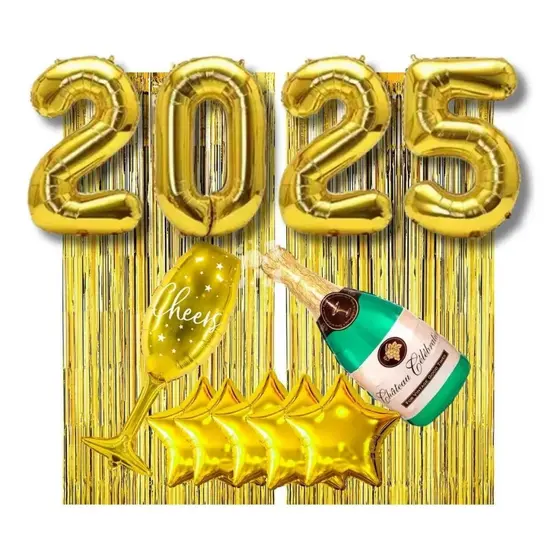 Kit C/13 Pcs Balão Metalizado Cortinas Champagne Ano Novo Dourado 2025