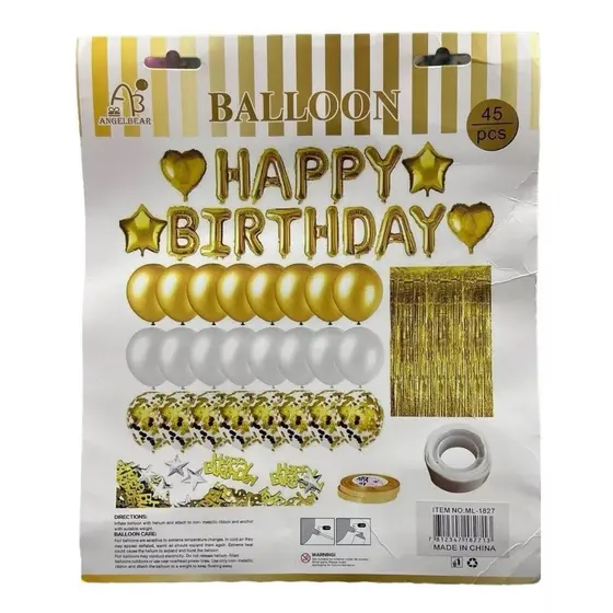 Kit Bexiga Balão cortina Metalizado Happy Birthday Festa Decoração Aniversario 45pçs Dourado