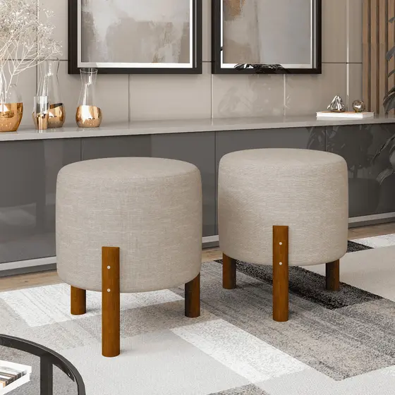 Kit 2 Puffs Banqueta Decorativa Linho Suede Luxo Sala Estar