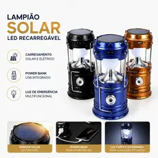 Lampião Solar LED Recarregável Camping Lanterna USB Luz Emergência Power Bank Portátil