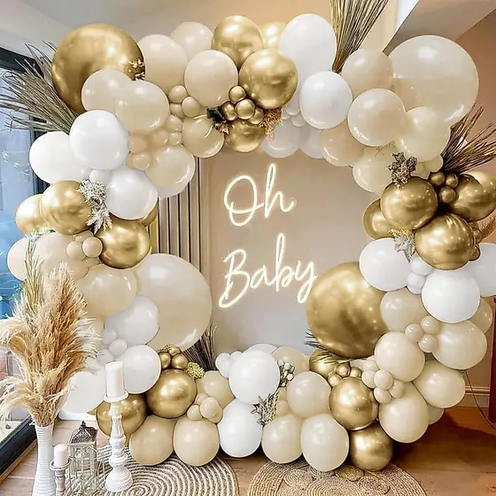 Kit 185 Balões Bege + Branco + Dourado N°5 e 9 Metalizado - Balão Bexiga Liso/Cromado Para Festas