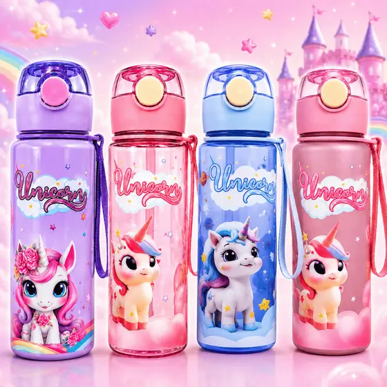 Garrafa Infantil Animado Unicórnio, Super Resistente Antivazamento C/ Canudo de Silicone