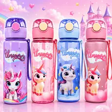 Garrafa Infantil Animado Unicórnio, Super Resistente Antivazamento C/ Canudo de Silicone