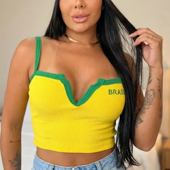 Cropped Feminino Edição Brasil Alcinha Decote V Top Ribana Canelado