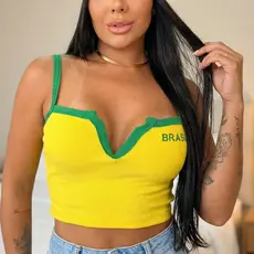 Cropped Feminino Edição Brasil Alcinha Decote V Top Ribana Canelado