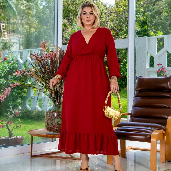Vestido Longo Plus Size Evento Decote V Valoriza Busto Grande Modelador Premium