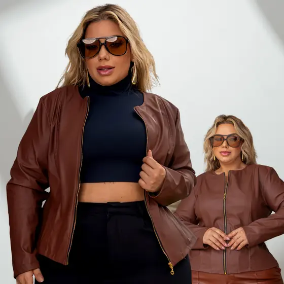 Casaco de Couro Sintético Slim Plus Size Fechamento em Zíper Meia Estação Feminino