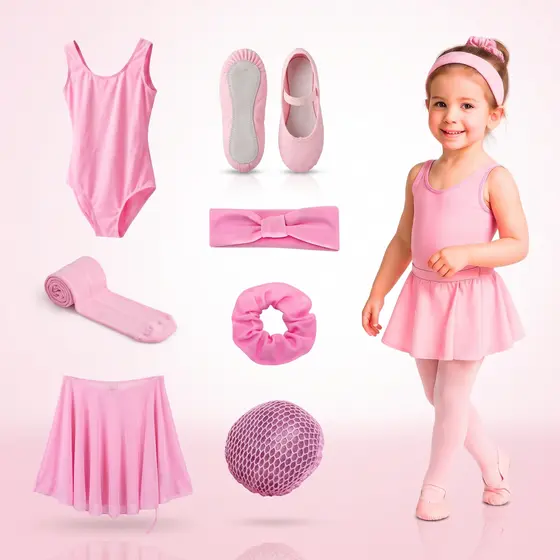 Kit Ballet Infantil 7 Peças Completo Collant Regata Saia Meia Fio 40 Sapatilha Redinha Coque Frufru